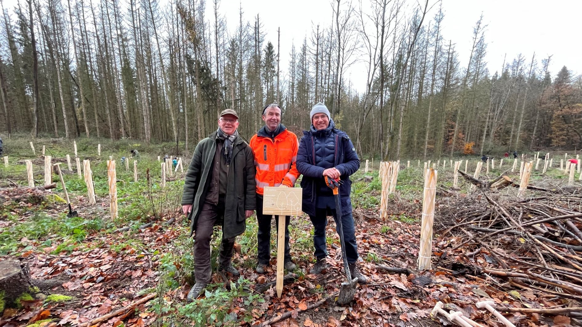 3 Männer in Arbeitskleidung mit Spaten mit neu gepflanzten Bäume