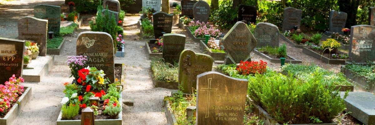 Grabeinfassungen mit bunten Blumen