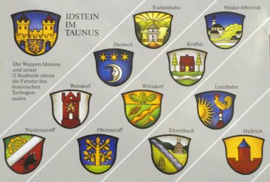 Darstellung der Wappen Idsteins und seiner 11 Stadtteile